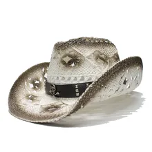 LUCKYLIANJI ретро летние винтажные женские мужские широкие поля, из соломы, пляжные ковбойские шляпа ковбойская открытая с черепом кожаная лента 58 см