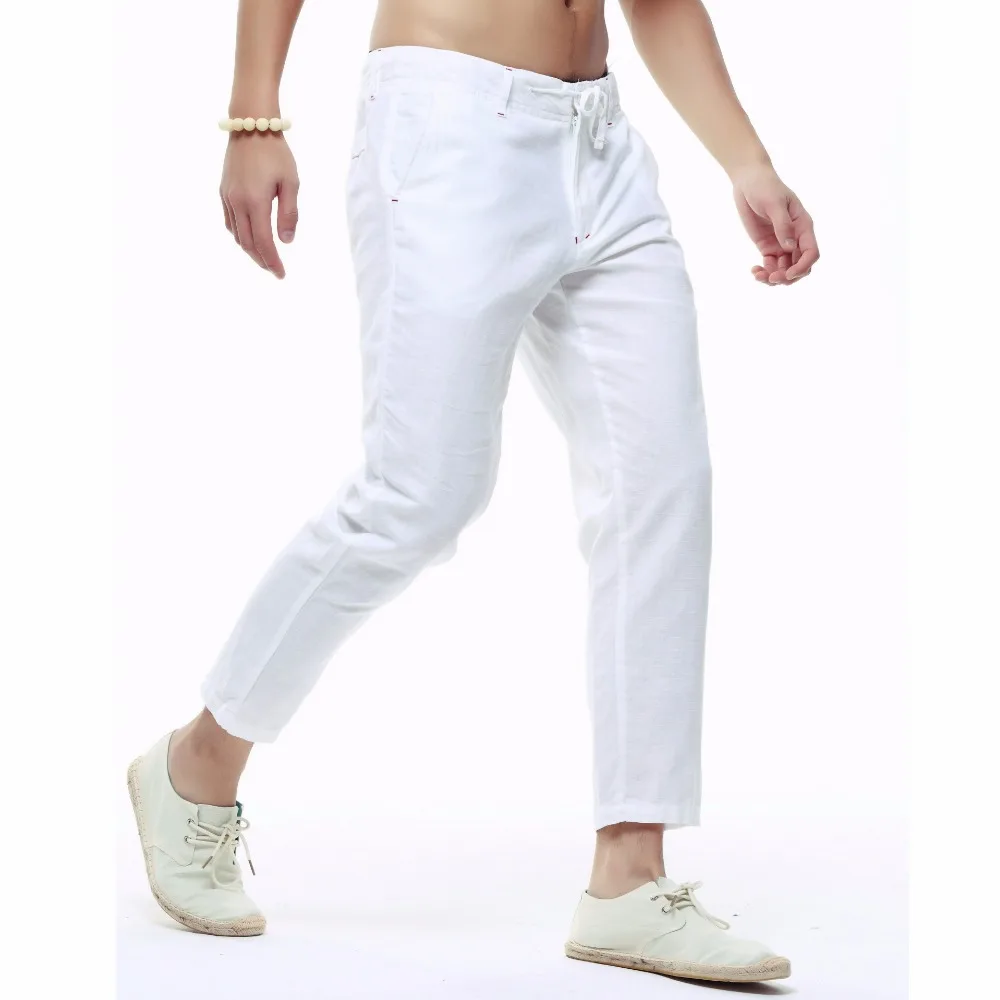 Горячая Распродажа, летние мужские повседневные брюки-карандаш длиной до лодыжки, эластичные прямые брюки на завязках, облегающие брюки, одноцветные белые брюки