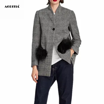 

2019 Women Long Sleeve Plaid Gary Blazer Tops Ladies Fur Decoration Pocket Blazers and Jackets