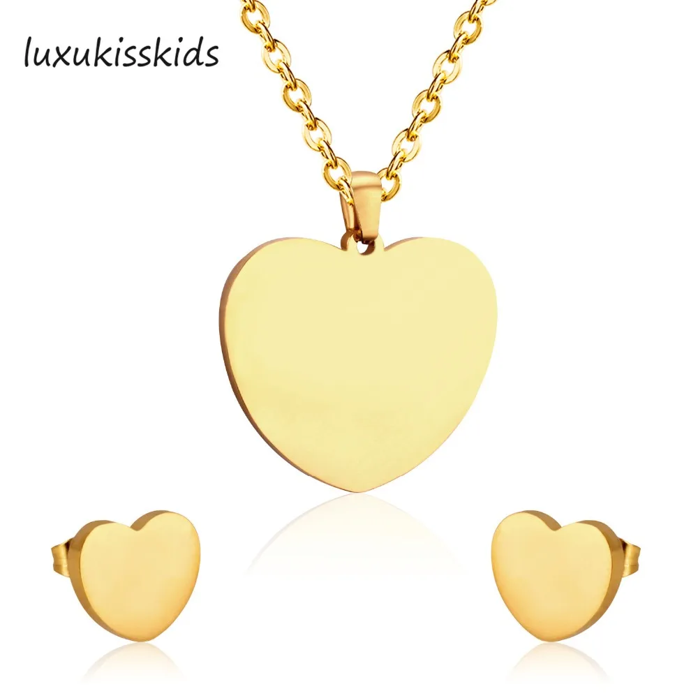 

LUXUKISSKIDS Romantic Heart Pattern Earrings Necklace Set Gold/Silver Color Chain Jewelry Sets Wedding Jewelry Valentine's Gift