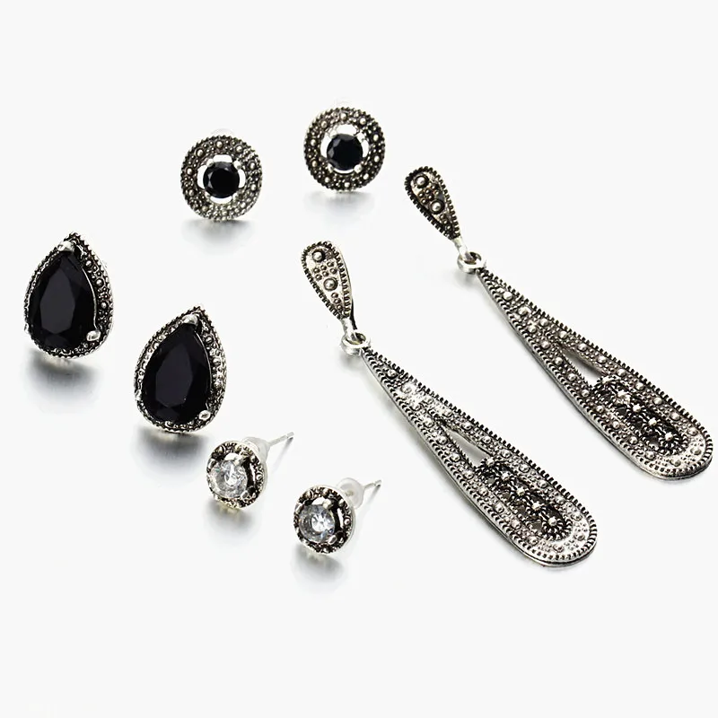 

SexeMara 4pc/set Women Crystal Bohemian Earring Vintage Silver Stud Earrings For Women Boucle D'oreille Jewelry Antique Brincos
