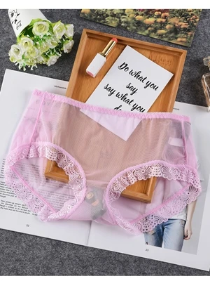 Розовый Ropa interior femenina Нижнее белье женские трусики размера плюс 4XL мягкие кружевные сетчатые полностью прозрачные и тонкие сексуальные трусики нижнее белье - Цвет: Розовый