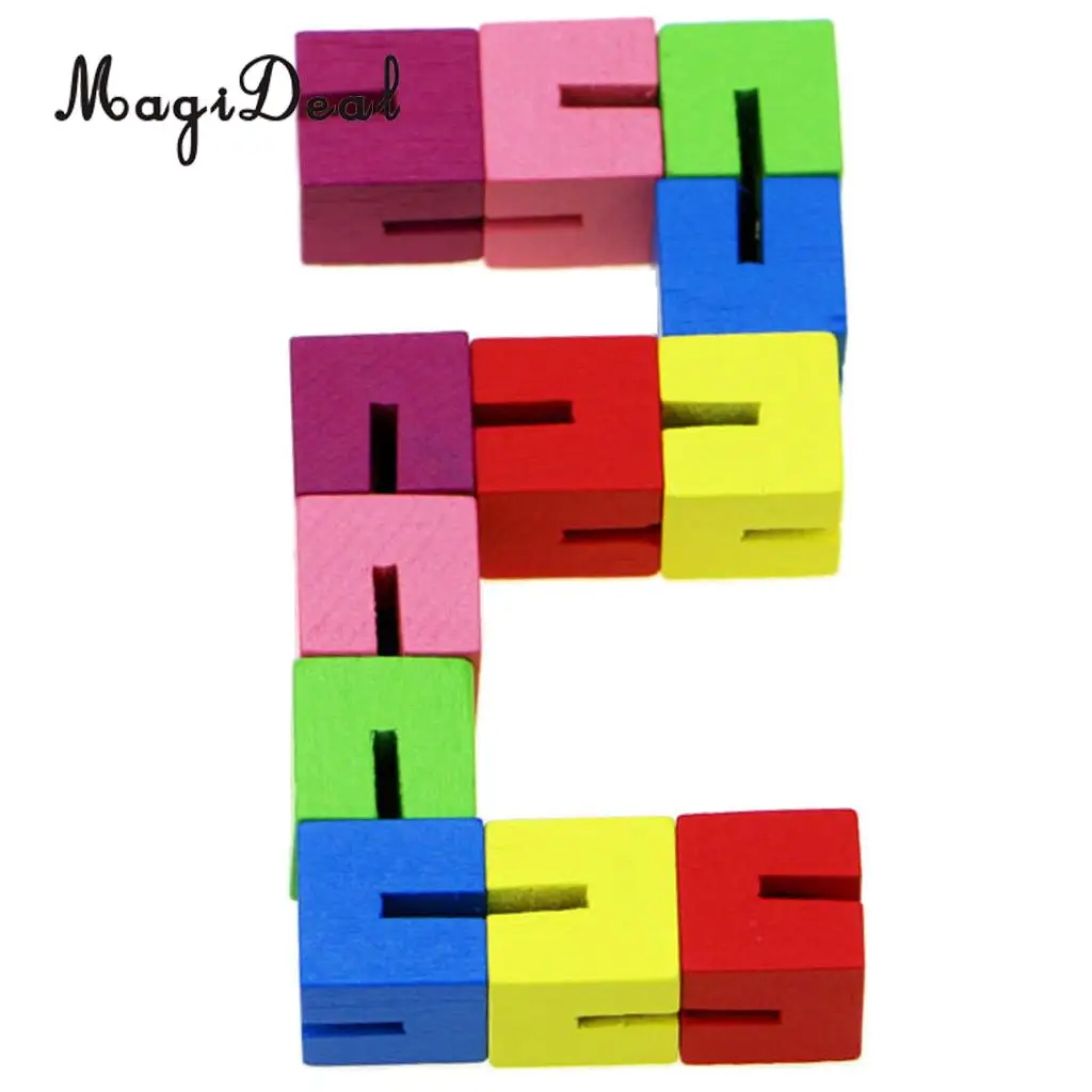 String Of 12 Wooden Blocks Cube Puzzle Shape Transforming Brain Teaser IQ & Sensory Stress Relief Toy