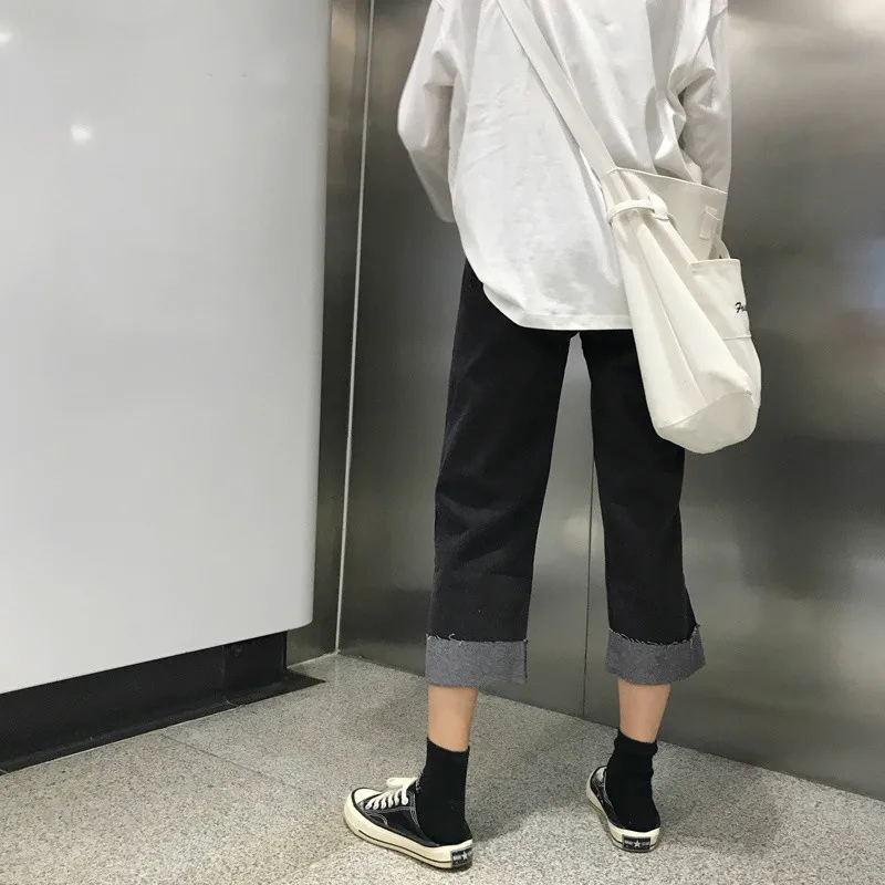 Джинсы женские свободные Harajuku средняя талия широкие ноги корейские повседневные студенческие простые черные джинсовые брюки Универсальные женские s