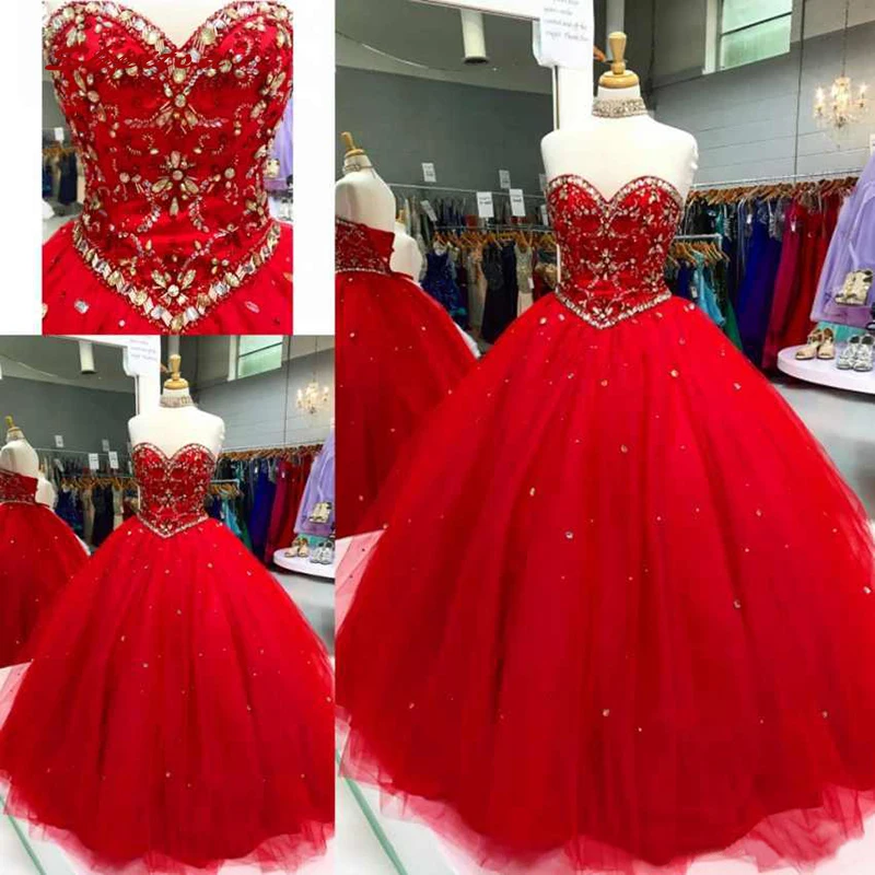

Red Luxury Quinceanera Dresses Ball Gown Sequin Crystals Tulle Prom Debutante Sixteen Sweet 16 Dress vestidos de 15 anos