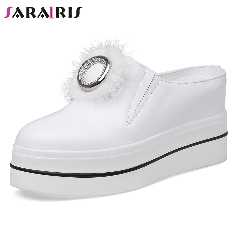 

SARAIRIS 2019 New Metal Fur Decoration Slip On Platform Shoes Genuine Leather Shoes Woman Casual Wedges Shoes Women Size 32-40