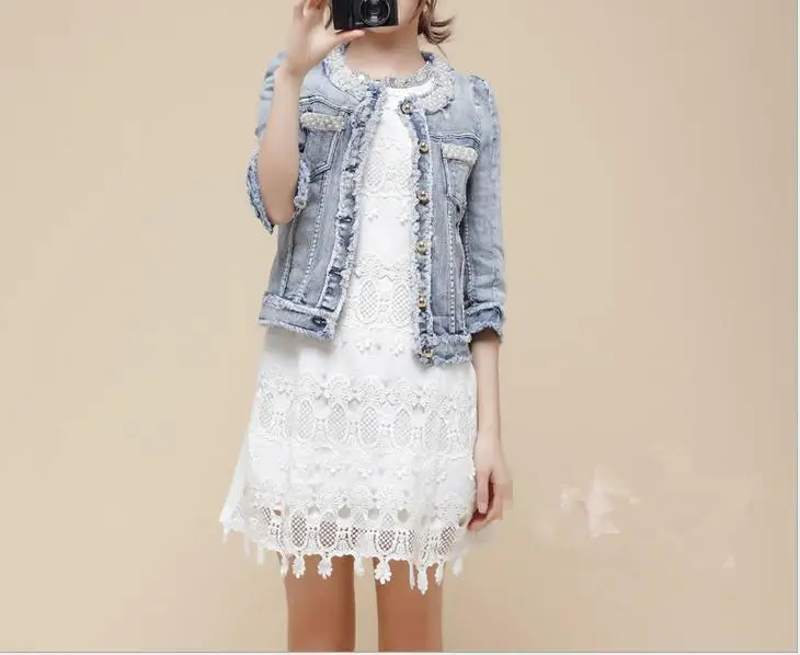 

Fashion Spring Autumn Women Short Pattern Denim Jeans Jackets Pearl Beading Half Sleeves Lady Jean Outwear S M L XL JACKET-29842