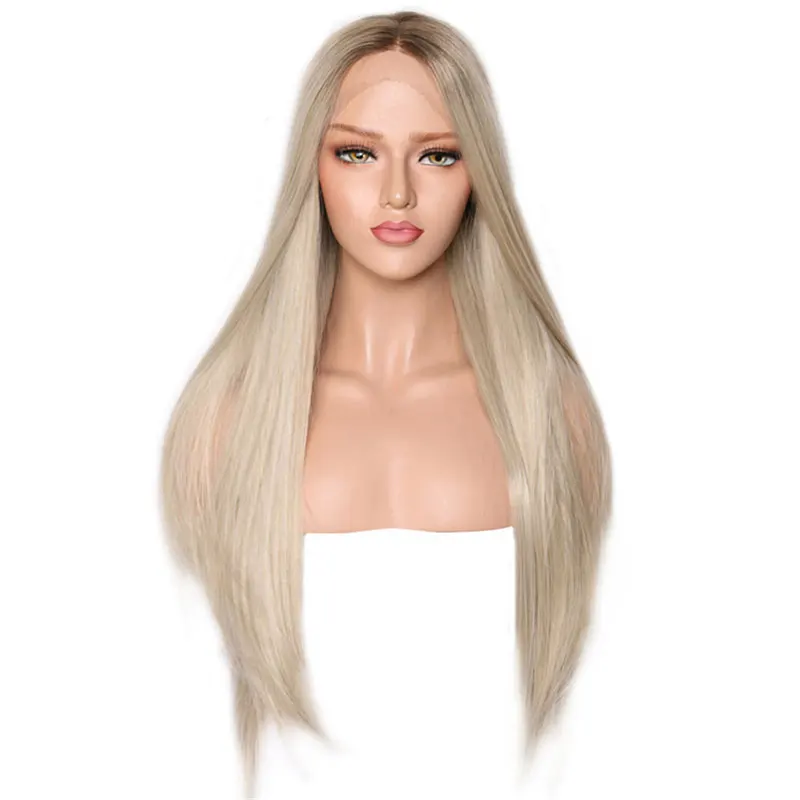 

Bombshell Dark Brown Roots Ombre Platinum Straight Synthetic Lace Front Wig Heat Resistant Fiber Hair Middle Parting For Women