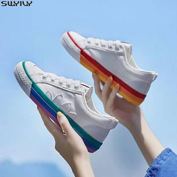 

SWYIVY 2019 New Rainbow Canvas Shoes Women Fashion White Sneakers Female Flat Casual Shoes Designer Chaussure Femme Sapato