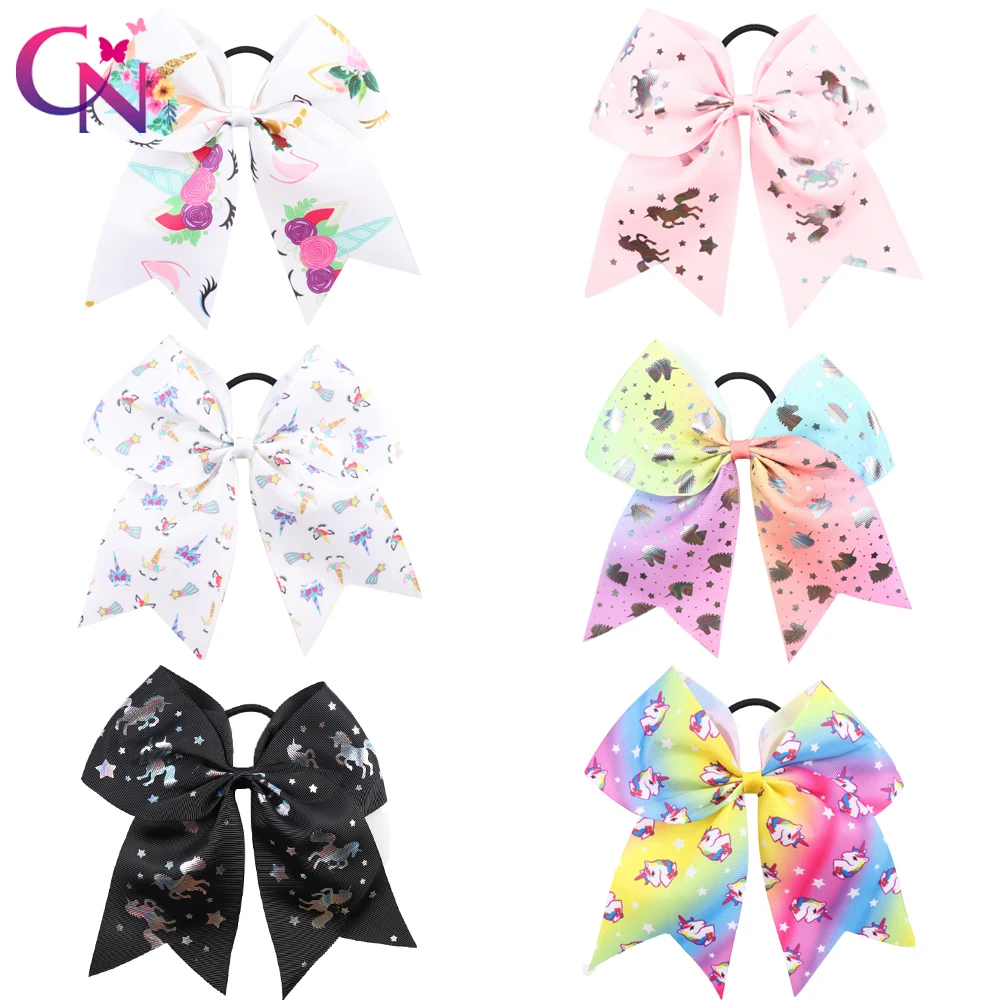 

24 Pieces/lot 7" Unicorn Cheer Bows With Rubber Band For Kids Girls Large Printed Ribbon Cheerleading Hair Bows Hair Accessories