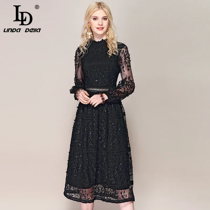 

LD LINDA DELLA Autumn Fashion Runway Vintage Black Dress Women's Long Sleeve Solid Mesh Floral Embroidery Sequin Party Dress