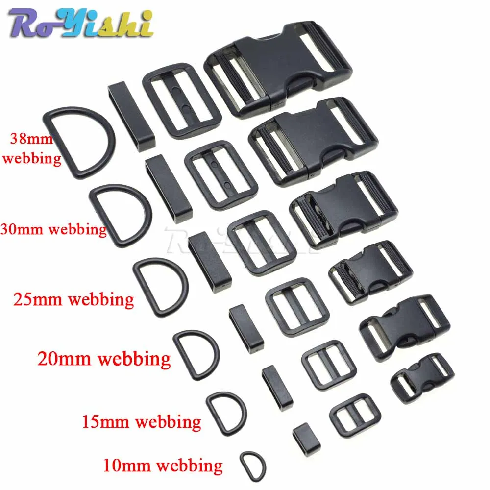 

1 set 10mm 15mm 20mm 25mm 30mm 38mm Plastic Slider Adjustable D Rings Belt Loop Curved Side Release Buckles For Paracord