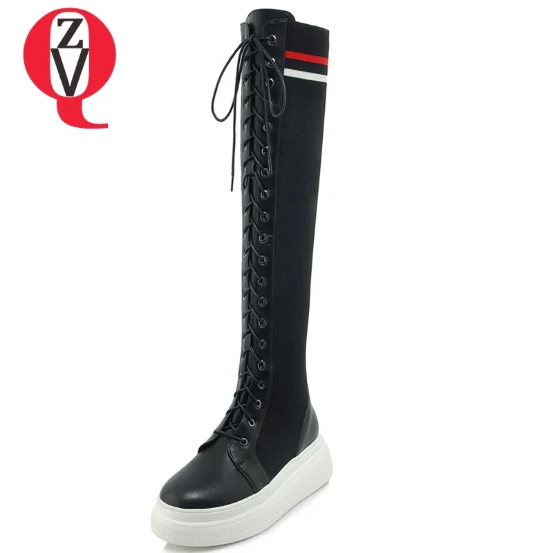 

ZVQ new genuine leather and stretch fabric round toe lace-up med wedges platform winter concise casual women knee high boots