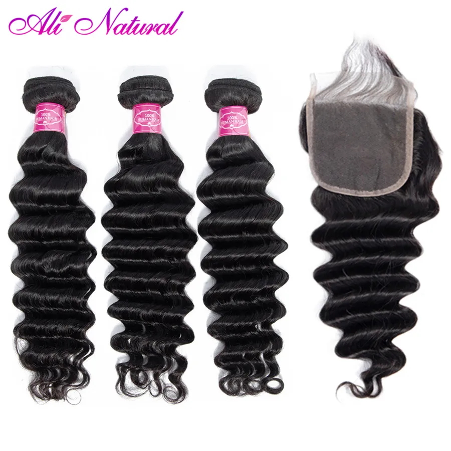 Ali Natural Peruvian Loose Deep Wave Bundles With Closure 3 Remy Human Hair Weave Lace | Шиньоны и парики