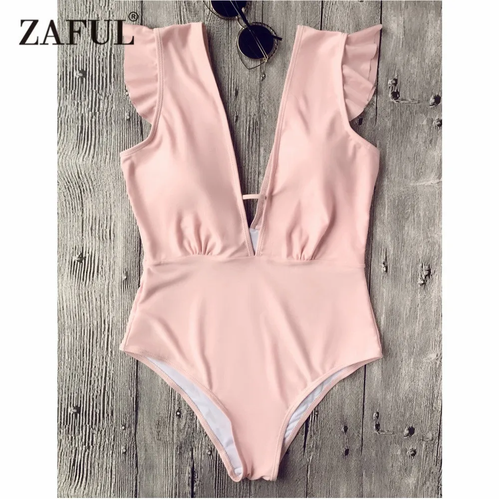 ZAFUL New Plunging Neck Ruffle One Piece Swimsuit Sexy Frilled Deep V Neck Open Back Swimsuit Women Swimwear Summer Beacher women s stylish plunging neck lace bowknot decorated pleated babydolls