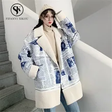 Зимняя женская куртка из овечьей шерсти Харадзюку, пальто с модным принтом, Свободные теплые куртки из овечьей шерсти, толстая верхняя одежда, женская уличная одежда