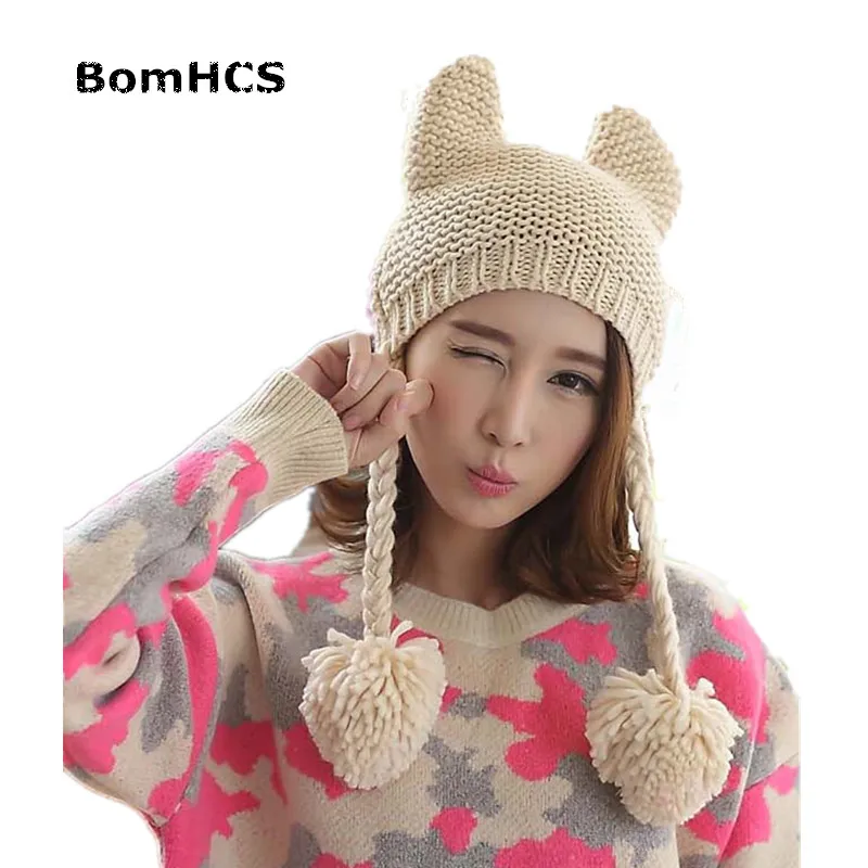 BomHCS Kawaii милые кошачьи уши шляпу Для женщин зимние теплые трикотажные шапочки ручной работы