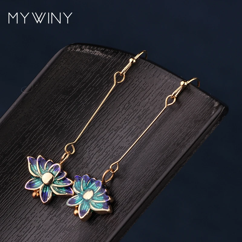 MYWINY новые модные ювелирные изделия серьги Lotus Flower китайский ветер эмаль длинные