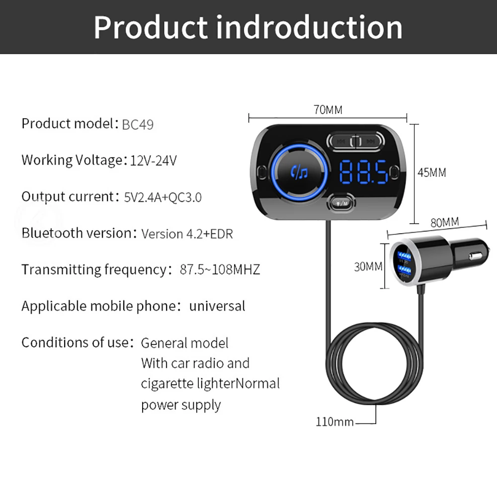 USB quick charge 3,0 Автомобильное зарядное устройство Bluetooth fm-передатчик MP3 плеер беспроводной fm-радио адаптер Поддержка 2 мобильного телефона