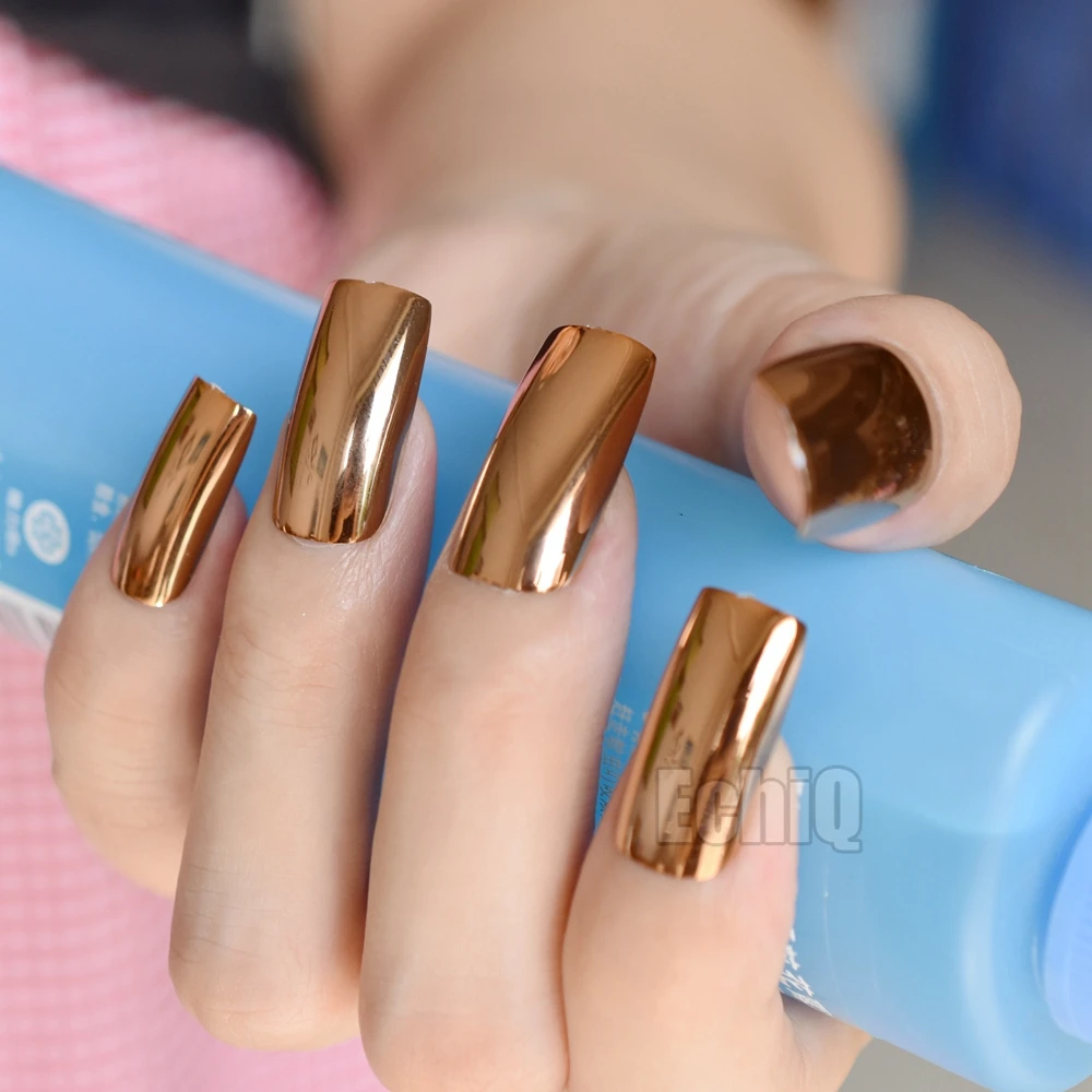 Uñas postizas metálicas a la moda, uñas acrílicas doradas y marrones,  envoltura completa, puntas de uñas de tamaño largo, herramienta de manicura  N16 - AliExpress Belleza y salud