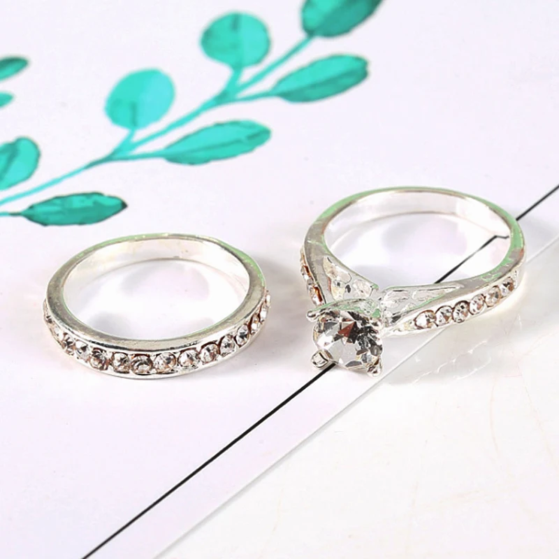 Fashion 2Pcs/set Charm Silver Crystal Lovers Ring For Women Men Couples Bijoux Femme Wedding Gift