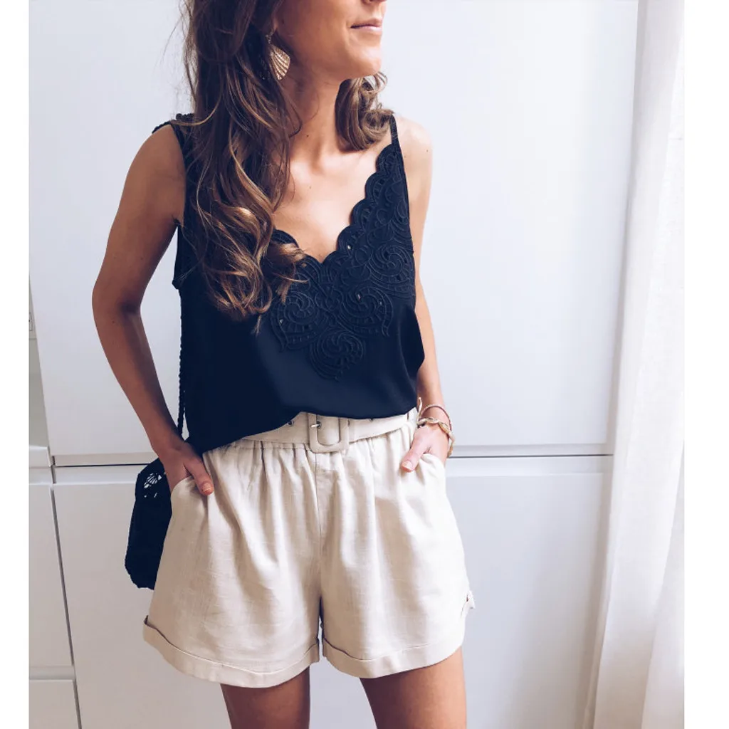 

Women Summer Fashion V Neck Sleeveless Backless Spaghetti Strap Top Soild Appliques Shirt Casual Leisure Loose camis