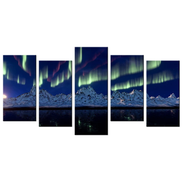 aurora canvas wall art snow mountain with northern lights modern