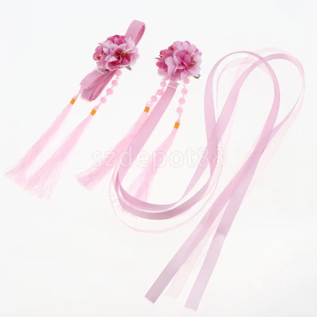 Ribbon Flower Chain Tassel Ancient Chinese Headdress Clip & Beads Dangle Earring Set Bridal Wedding Cosplay Party Hair Jewelry