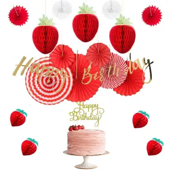 

Strawberry Birthday Themed Decoration DIY Fruit Honeycomb Balls Banner Cake Topper Festive Ideas for Decorating Summer Party