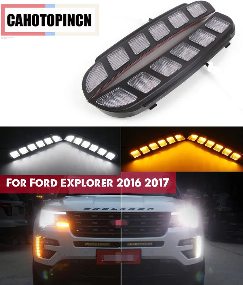 

For Ford Explorer 2016 2017,Yellow Turn Signal Function Waterproof Car LED DRL 12V LED Daytime Running Light Daylight fog lamp