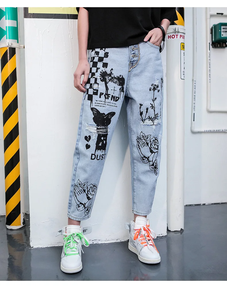 Корейская уличная одежда облегающие с высокой талией граффити хип-хоп графический принт по щиколотку рваные джинсовые брюки джинсы хараюку повседневные размера плюс