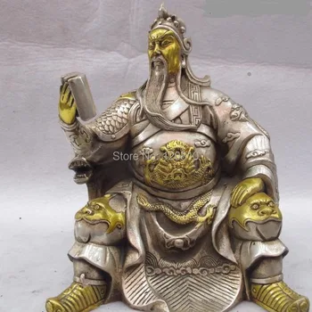 

Chinese Folk White Copper Silver Sit Dragon Guangong Guan Yu Warrior Statue
