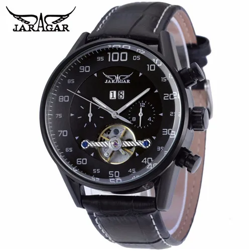 

JARAGAR Leather Strap Blue Pointers Male Wristwatch Automatic Mechanical Auto Day Function Watches Men Tourbillon