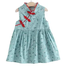 Девушки платье в традиционном китайском стиле Костюмы для летняя одежда для детей одежда принцессы без рукавов по колено 2 до 6 лет