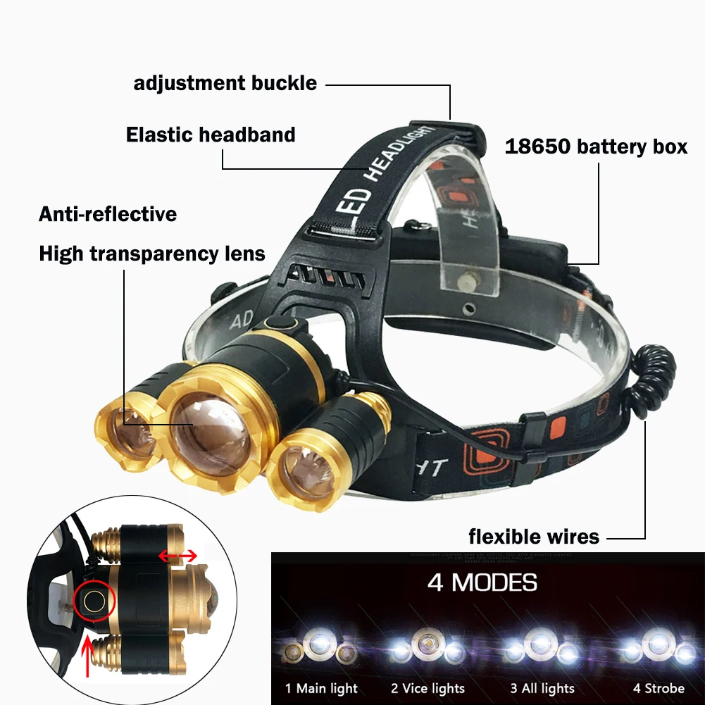 Высокомощный светодиодный налобный фонарь 3 xml T6 белый желтый свет головной Карманный Электрический фонарик, светодиодный фонарик zoom водонепроницаемый перезаряжаемый Головной фонарь 18650 свет