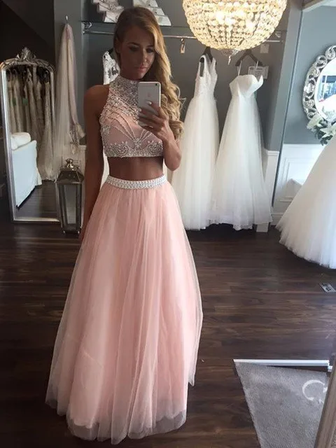 Vestidos de Fiesta largos de dos para mujer, vestidos de gala rosas con cuentas de tul de cristal, cuello alto, línea A, formales noche, 2021|Vestidos de graduación| - AliExpress