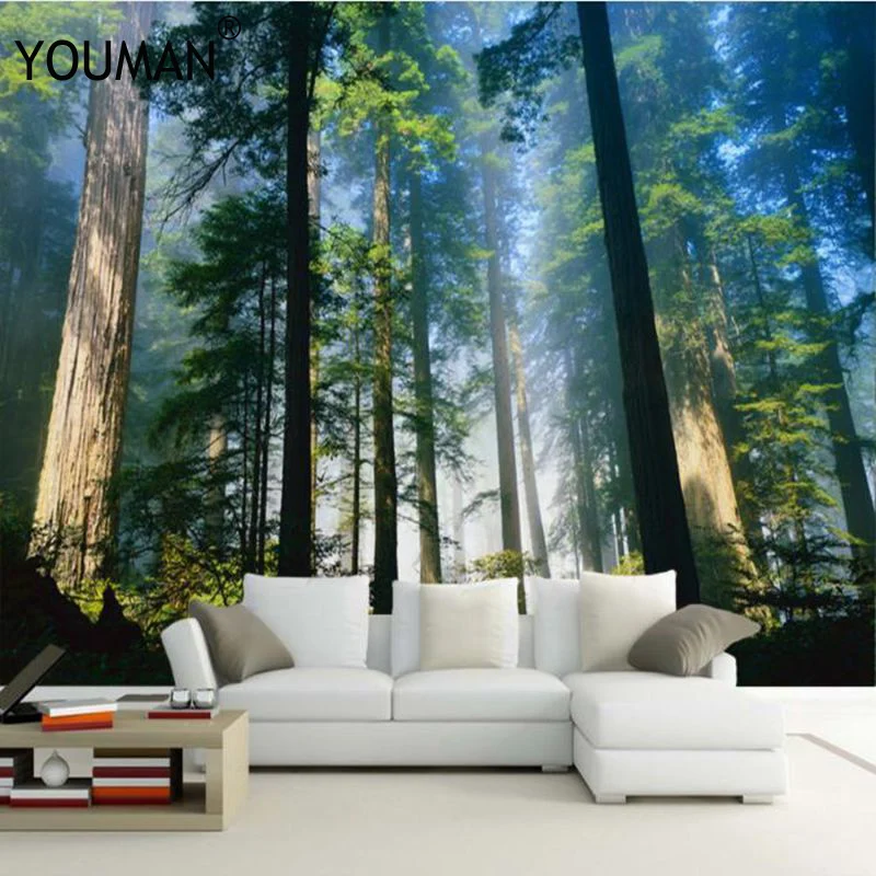 

Custom 3D Wall Murals Wallpaper Nature Fog Towering Trees Forest Sunshine Photo Wall Paper Living Room Mural Papel De Parede 3D