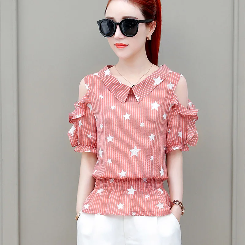 Women Spring Autumn Style Chiffon Blouses Shirts Lady Casual Peter pan Collar Striped Blusas Tops DF1728 Blouses