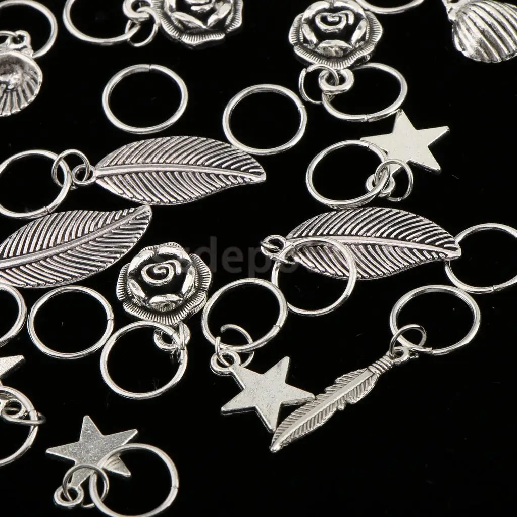 35pcs Hip Hop Silver Hair Braid Rings Hair Loops Clips 6Styles Bulk DIY Hair Accessories - Star Leaf Shell Loop Feather Flower