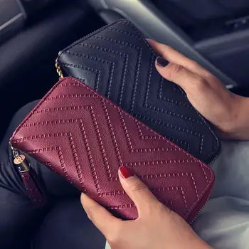 

New Solid Color Leather Tassel Wave Pattern Long Style Ladies Coin Zippered Purse Fashion Women Casual Wallet -30