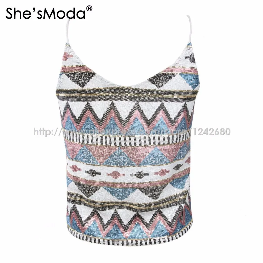 She'sModa геометрические блестки Boho Лето весна женские спандекс Клубные вечерние майки-ками жилет