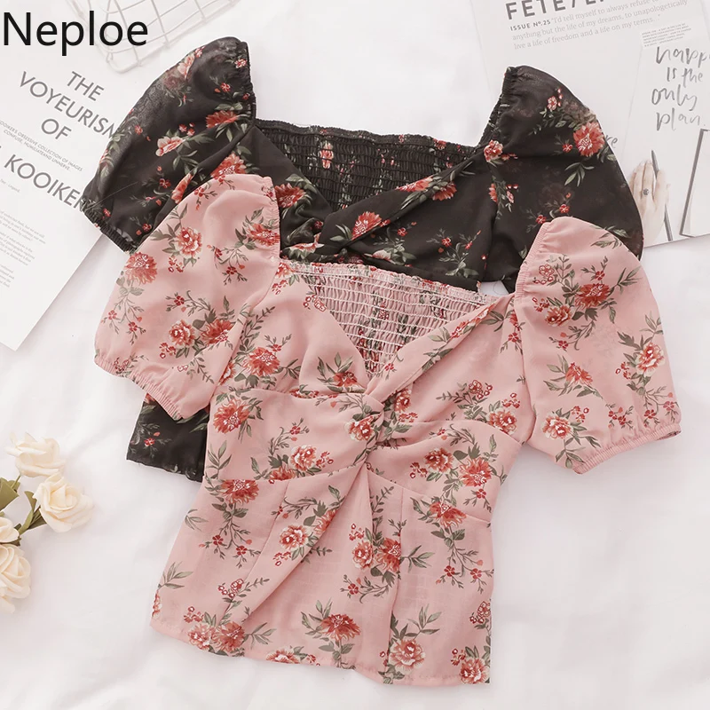 

Neploe Chiffon Knot Women Blouse Sweet V-Neck Puff Sleeve Blusa Summer 2019 Print Korean Ladies Shirts 44860