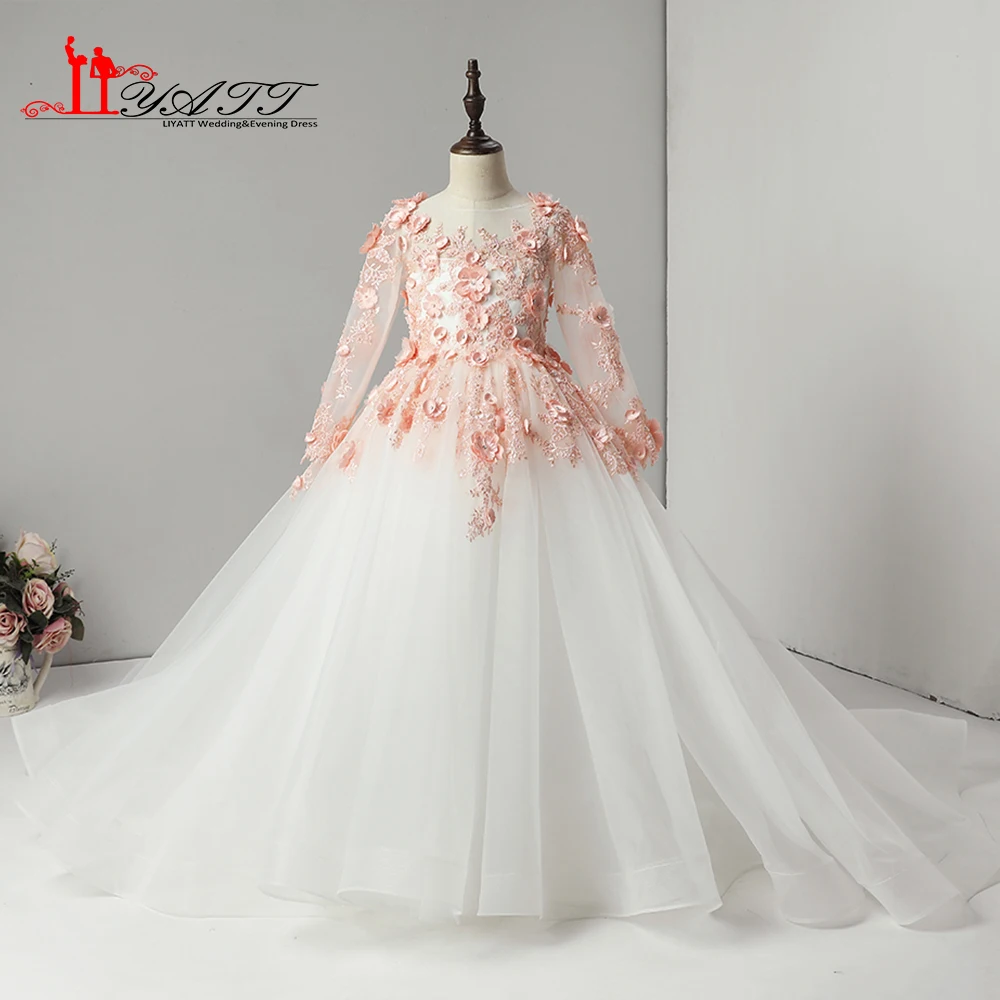 2018 Новое платье с цветами для девочки Кружево 3D аппликации удивительные одежда с длинным рукавом белый и розовый индивидуальный заказ