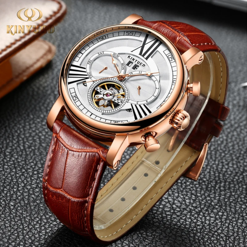 

KINYUED Watch Men Luxury Waterproof Men's Mechanical Self Wind Watches Comfortable Leather Strap Mechanical Watch Men Automatic