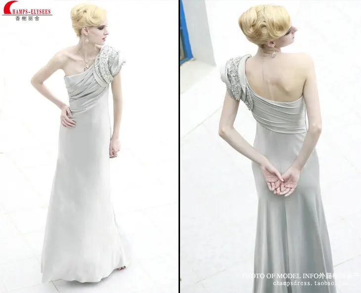 

free shipping 2014 new fashion vestidos long beaded one shoulder silver robe de soiree formales party Graduation evening Dresses