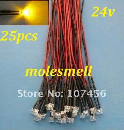Conduziu a Luz da Lâmpada o Envio Gratuito de 25 dc com Fio Pces Flat Amarelo Conjunto Pré-wired 5mm 24v Grande – Ângulo Led Top