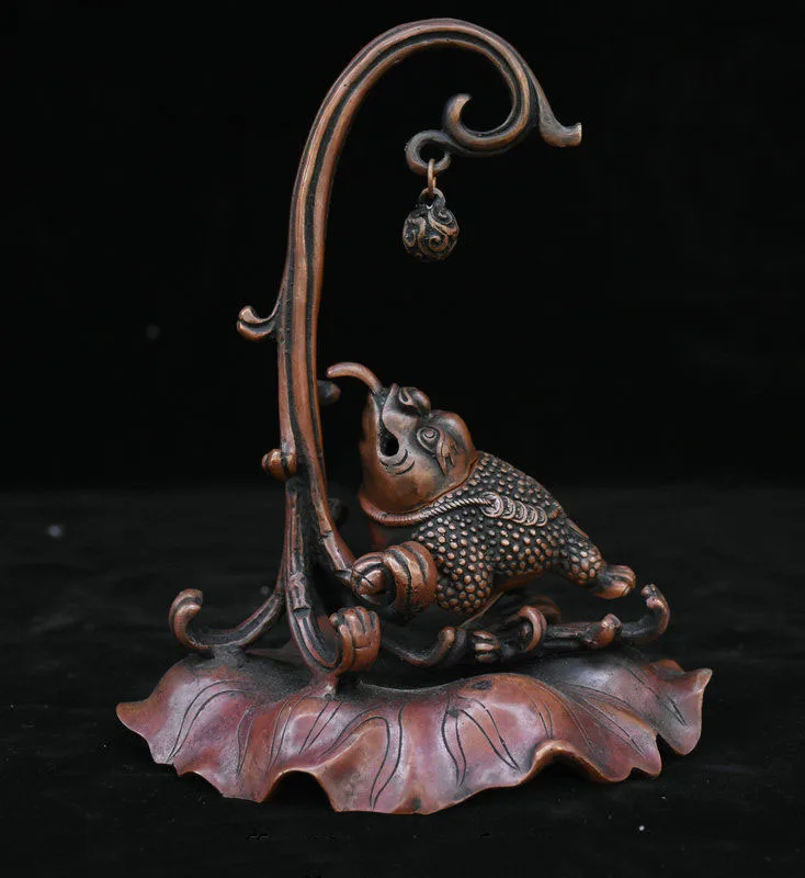 

christmas 8" Rare Old Chinese Red Bronze Golden Toad Spittor Statue Incense Burner Censer halloween