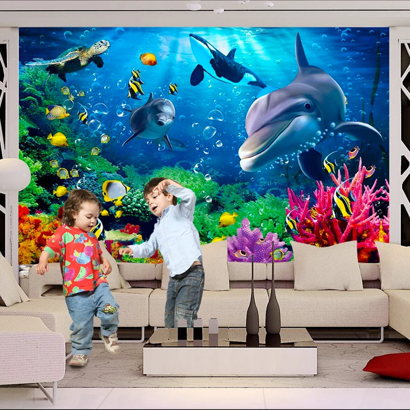 3D Underwater World Wallpaper for Children, Cartoon Photo Wall Paper, Dolphin Wallpaper, Personalização personalizada