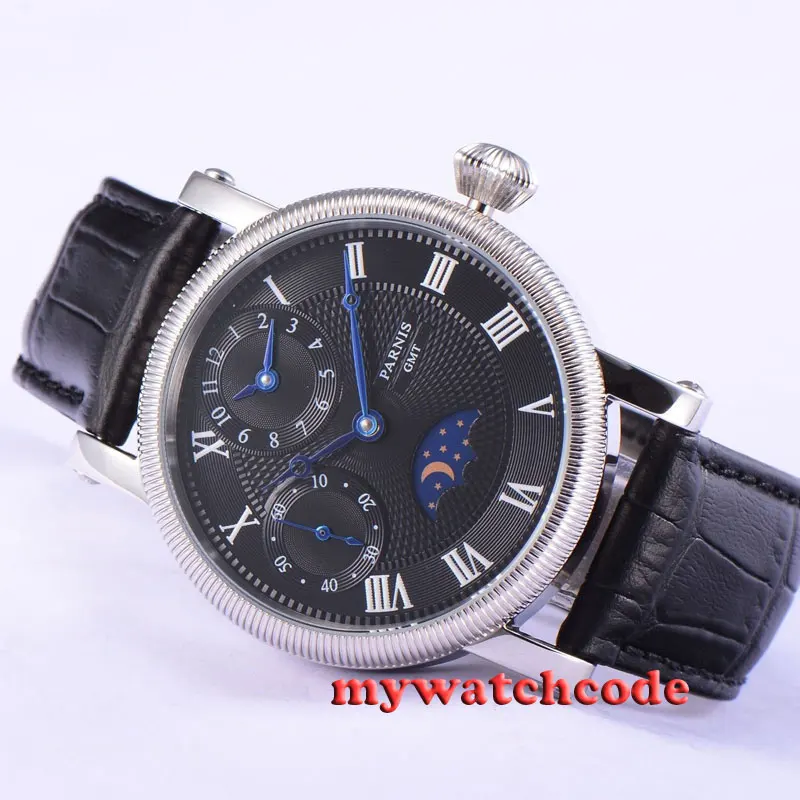 

42mm parnis black dial GMT blue hands hand winding movement mens watch PA426