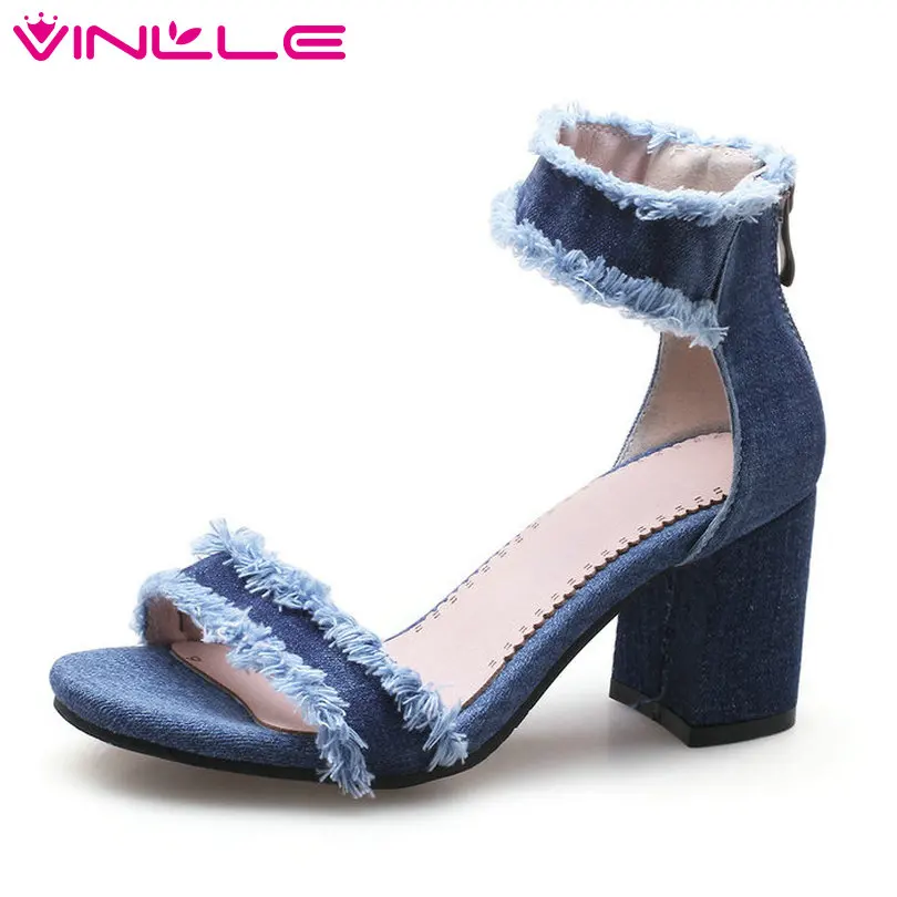 

VINLLE 2018 Western Style Women Sandals Shoes Woman Peep Toe Square High Heel Zipper Platform Ladies Wedding Shoes Size 34-43